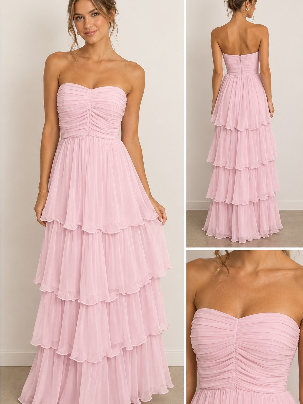Lulu's Strapless Tiered Chiffon Maxi Dress - Light Pink